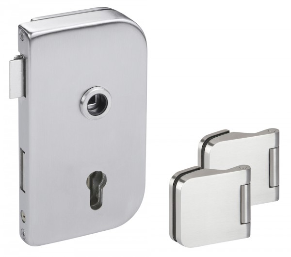 Hermat Glastürschloß PZ gelocht m 3tlg Bänder OF 60 Edelstahl matt rechts
