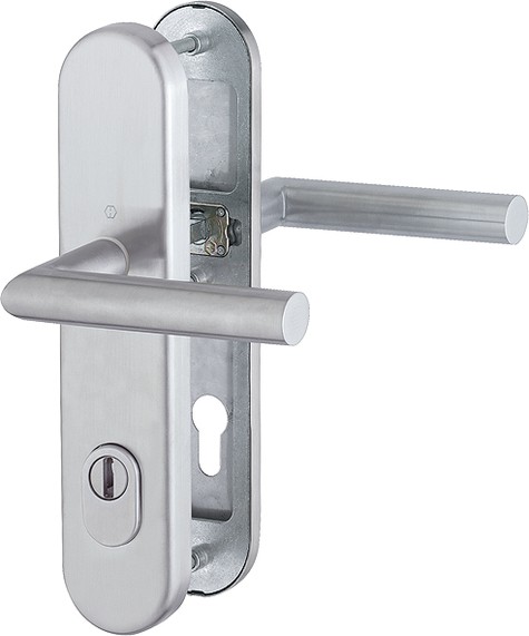HOPPE Sicherheits-Drückergarnitur Amsterdam E1400Z/3332ZA/3310 Langschild oval 15mm ES 1 mit ZA PZ 92mm VK 10mm TS 67-72mm edelstahl matt