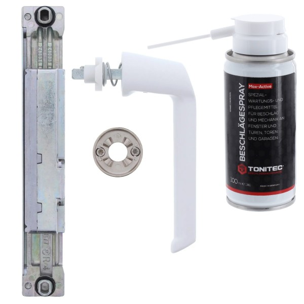 Schüco Reparaturset für Metallfenster mit Kammergetriebe 23er (Rechts), Rosette und Steckgriff (Weiß) inkl. ToniTec® Beschlägespray