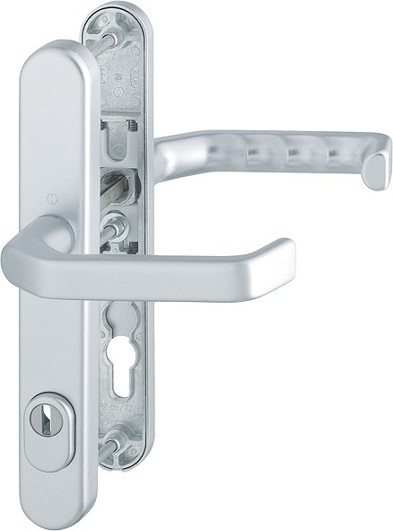 HOPPE Sicherheits-Drückergarnitur Liverpool 1313G/3359ZA/3357N Langschild oval 15mm ES 1 mit ZA PZ 92mm VK 8mm TS 67-72mm natur matt eloxiert