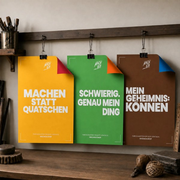 MACH ICH® Poster beidseitig 50x70 cm Bundle bestehend aus: 1 x Poster gelb/rot 1 Poster braun/blau 1 Poster grün/orange