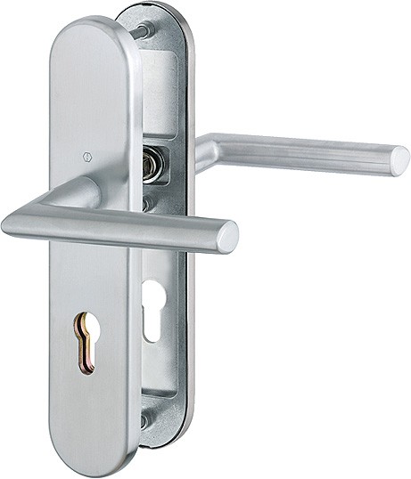 HOPPE Sicherheits-Drückergarnitur Stockholm FS-E1140F/3331/3310 Langschild oval 12mm ES 1 ohne ZA PZ 72mm VK 9mm TS 42-47mm edelstahl matt