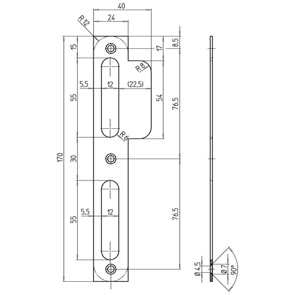 ToniTec Lappenschließblech für Zimmertüren 24 x 170 mm ohne Nase