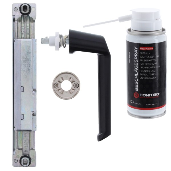 Schüco Reparaturset für Metallfenster mit Kammergetriebe 23er (Rechts), Rosette und Steckgriff (Schwarz) inkl. ToniTec® Beschlägespray