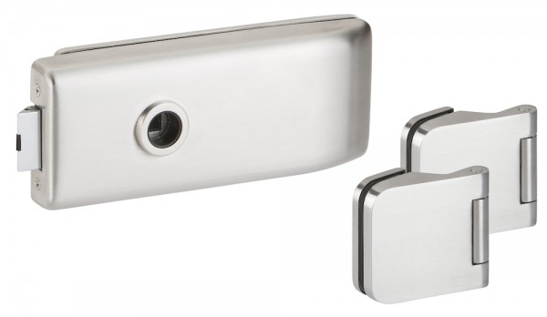 Hermat Glastürschloß ohne Lochung m 3tlg Bänder ohne Drücker OF 60 Edelstahl matt
