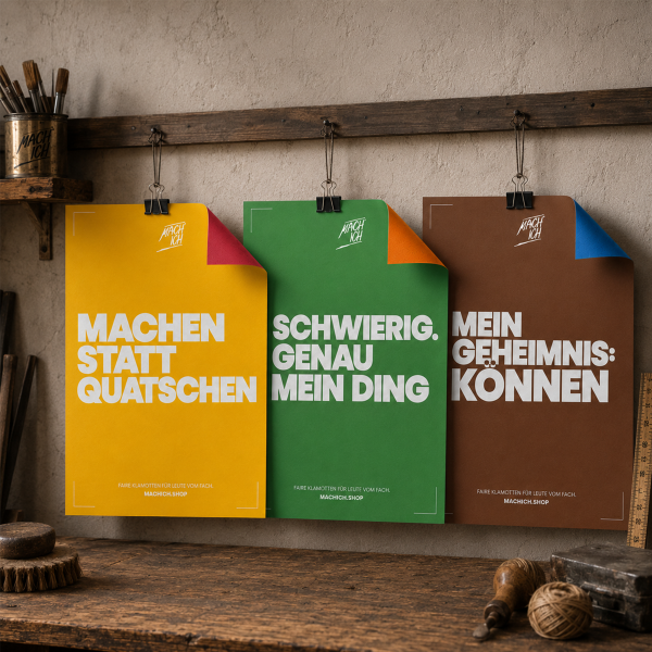 MACH ICH® Poster beidseitig 50x70 cm Bundle bestehend aus: 1 x Poster gelb/rot 1 Poster braun/blau 1 Poster grün/orange