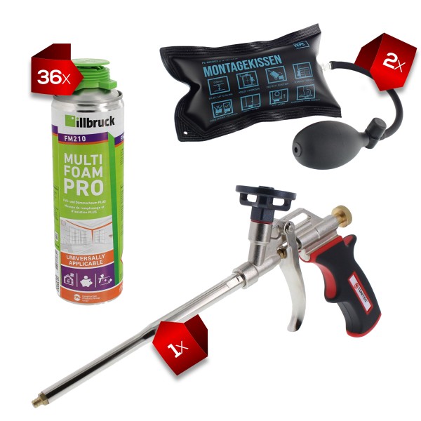 36 x illbruck FM210 Fenster- und Fassadenschaum 500 ml 1K PUR Schaum + 2 x FEPS Tool Montagekissen Gr. M 178x115 mm FE-MK002 schwarz + 1 x ToniTec Sch
