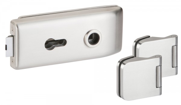 Hermat Glastürschloß PZ Lochung mit 3tlg Bänder ohne Drücker OF 60 Edelstahl matt