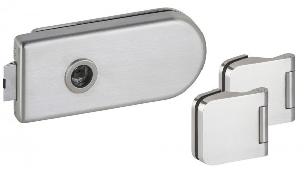 Hermat Glastürschloß ohne Lochung mit 3tlg Band ohne Drücker OF 60 Edelstahl matt