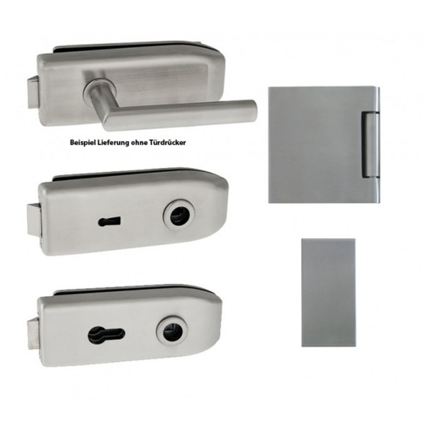 ToniTec® Glastürbeschlag 3 tlg. Bänder Edelstahl ohne Türdrücker mit Flüsterfalle Modell Luca